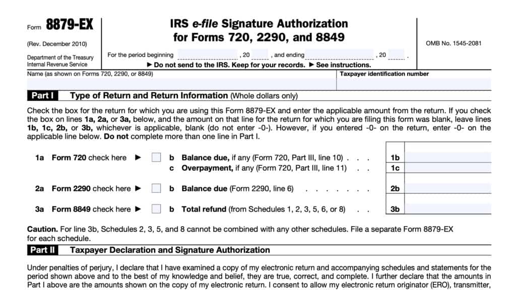 irs form 8879-ex, IRS e-file Signature Authorization for Forms 720, 2290, and 8849