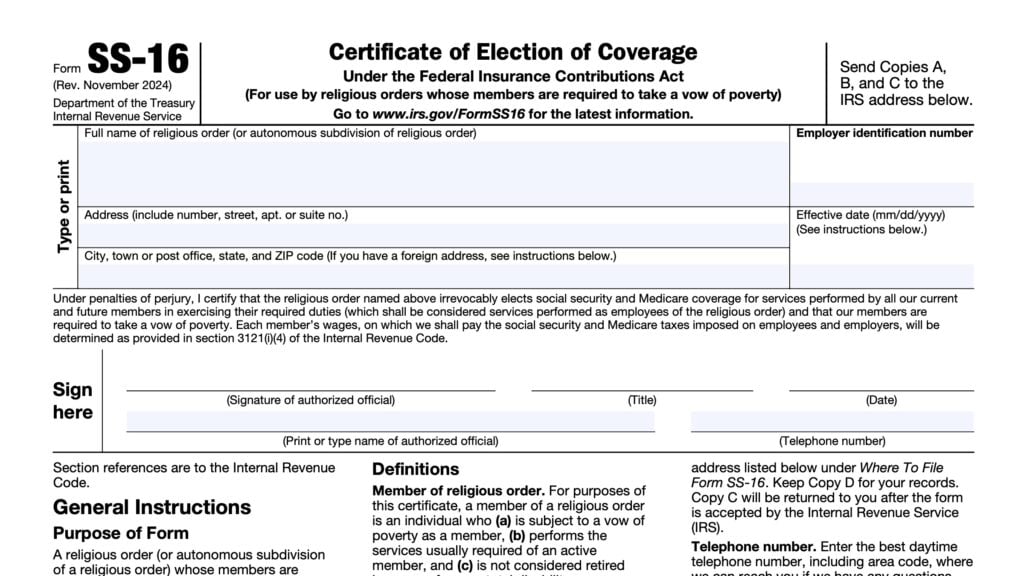 irs form ss-16, Certificate of Election of Coverage