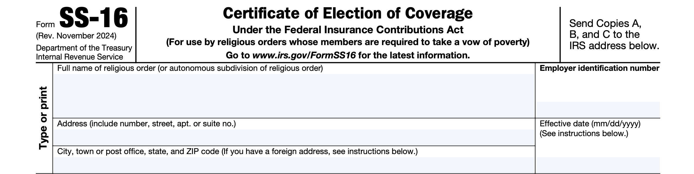 irs form ss-16, religious order information