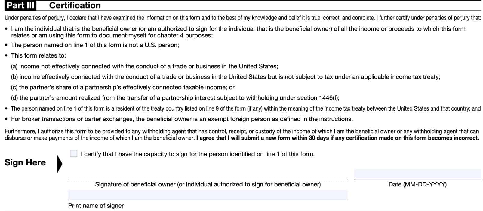 irs form w-8ben part iii, certification