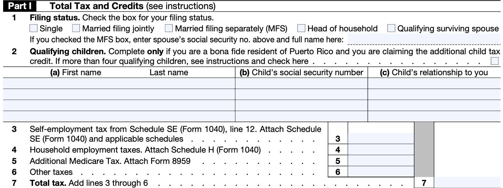 irs form 1040-ss, part i: total tax and credits