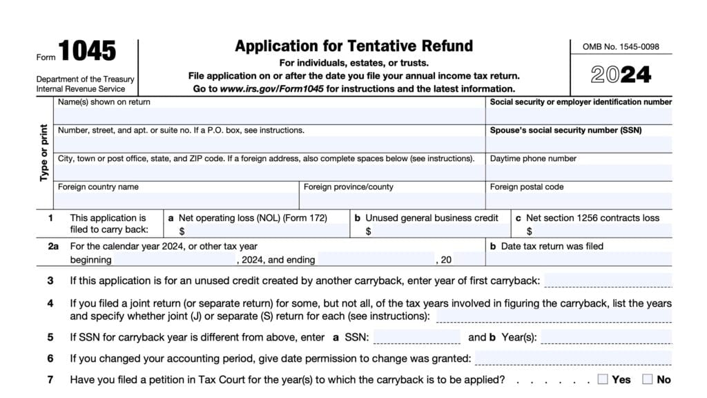 irs form 1045, application for tentative refund