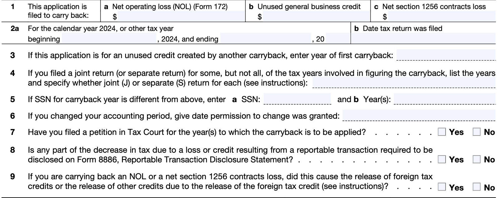 irs form 1045, lines 1 through 9
Lines 1 through 9 should help determine the nature of the carryback.