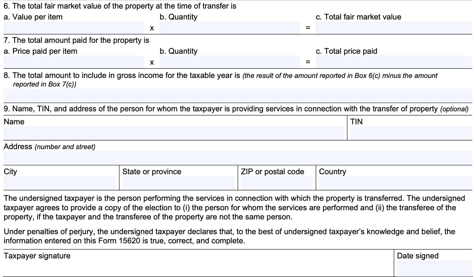 irs form 15620 line 6 through line 9