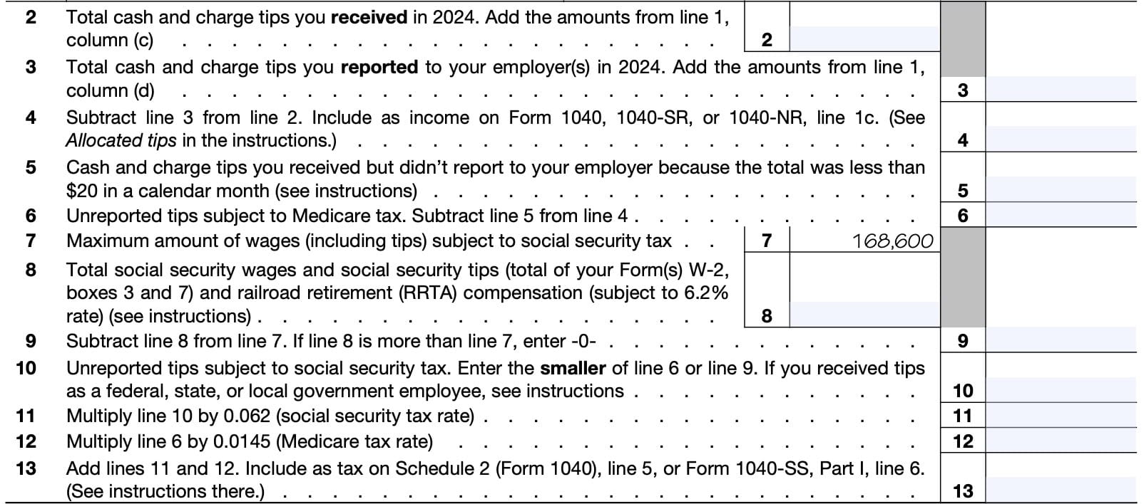IRS Form 4137, lines 2-13