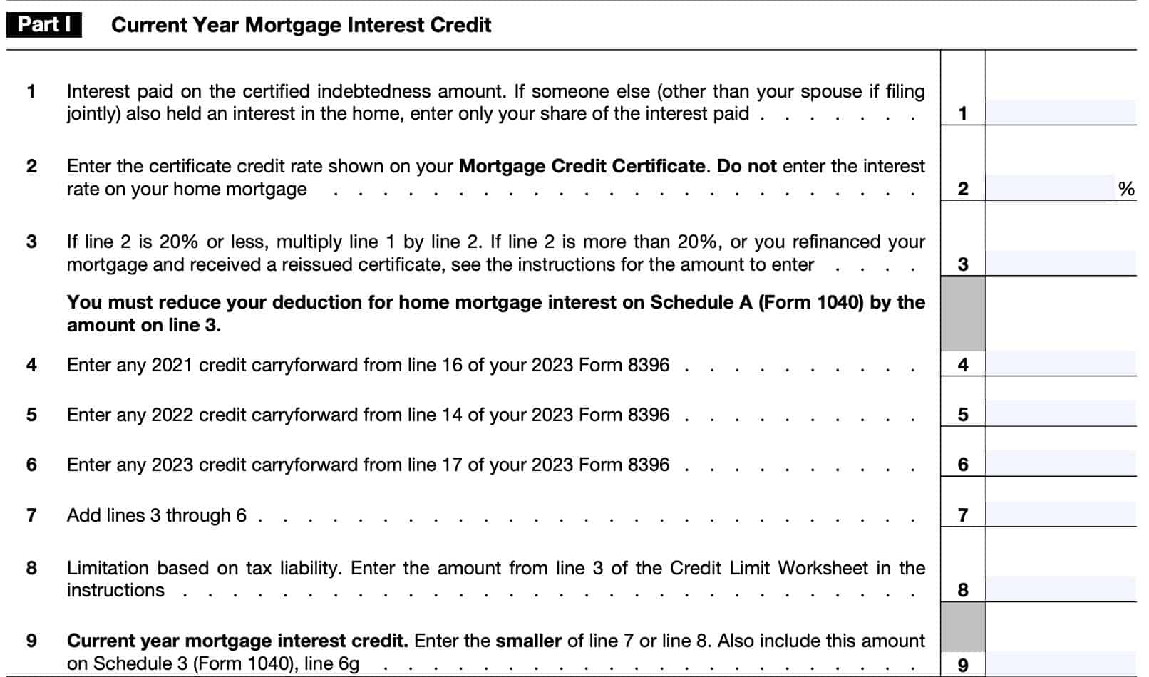 Form 8396 part I: current year mortgage interest credit