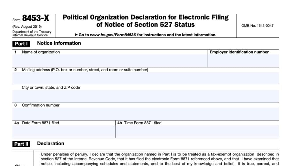 irs form 8453-x, Political Organization Declaration for Electronic Filing of Notice of Section 527 Status