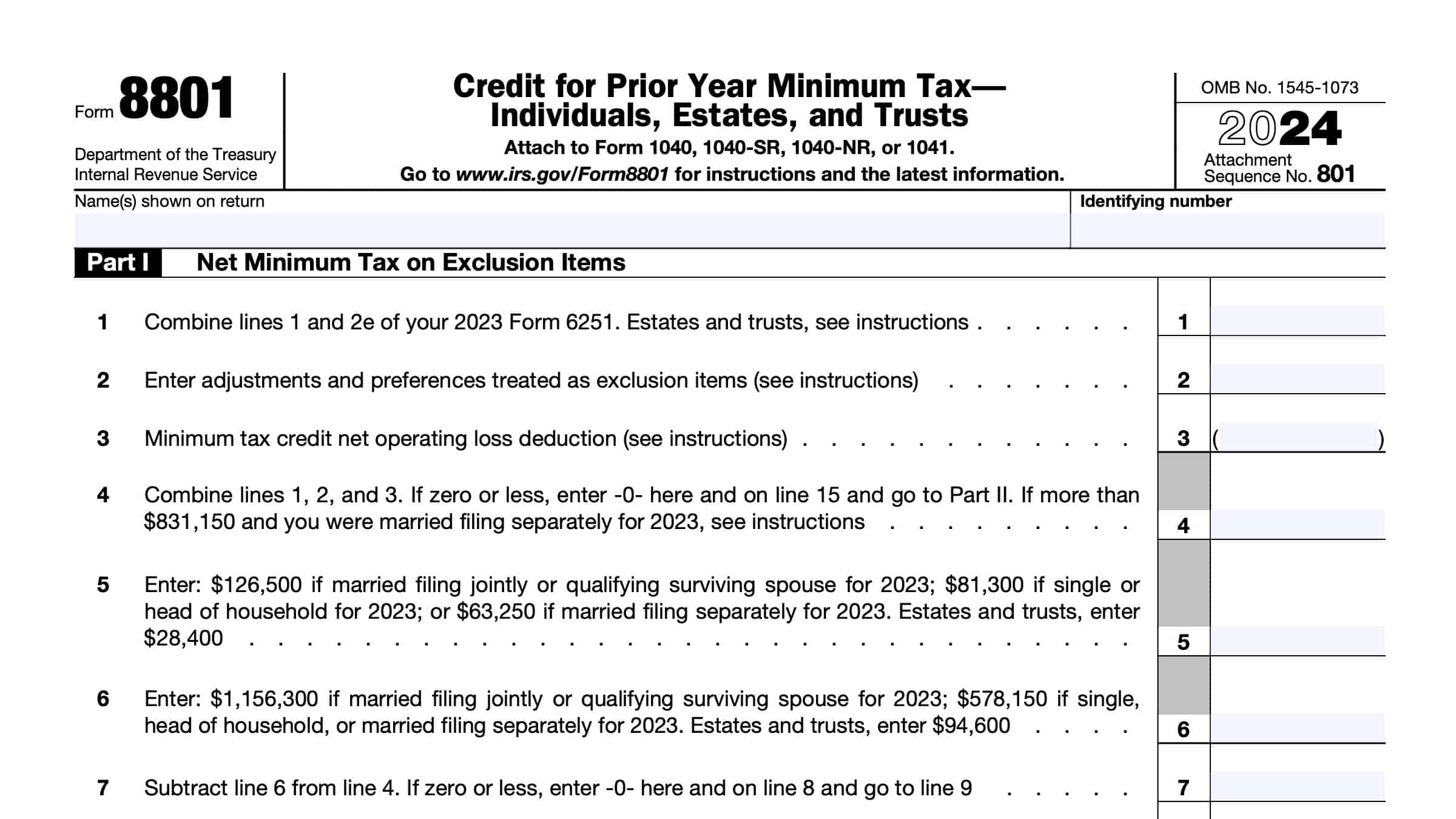 IRS Form 8801 Instructions - Credit for Prior Year Minimum Tax