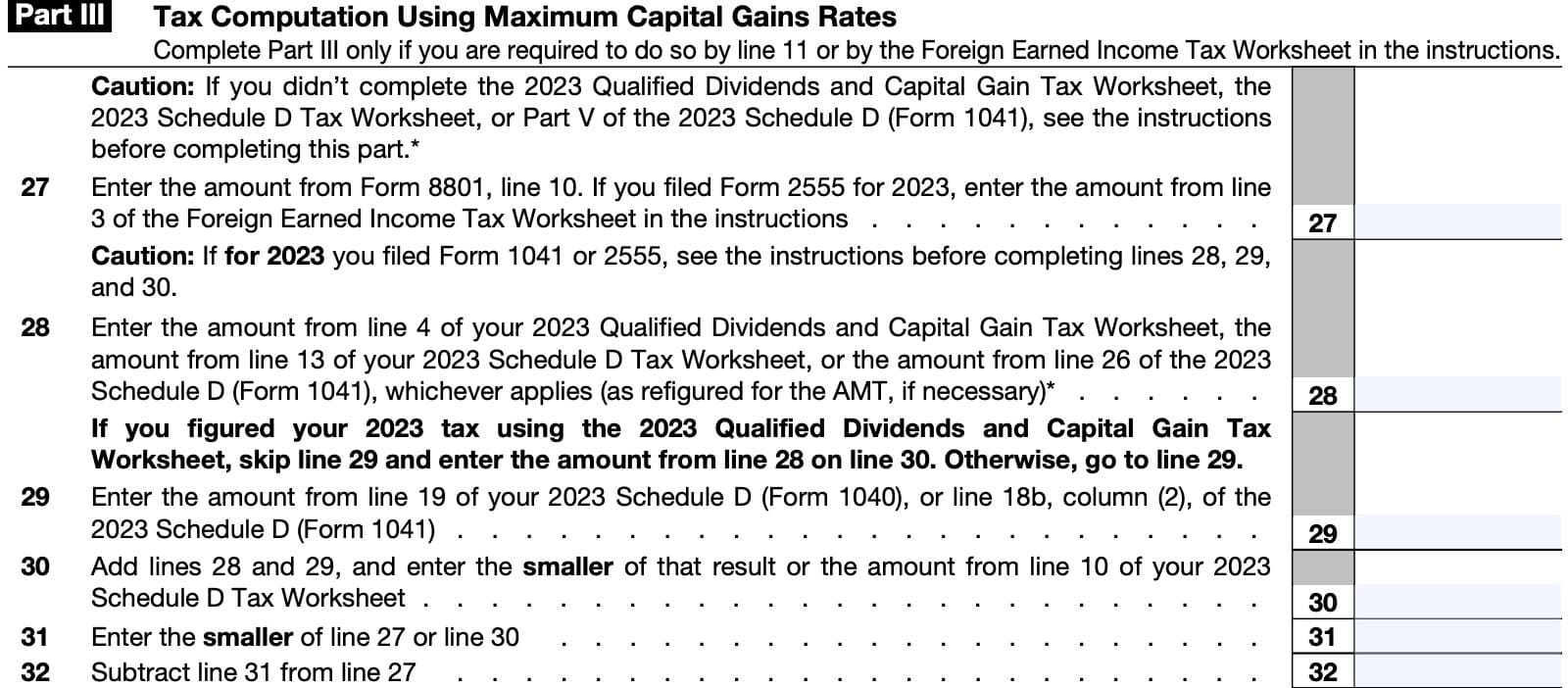 irs form 8801, part iii, tax computation using maximum capital gains rates, Lines 27 through 32