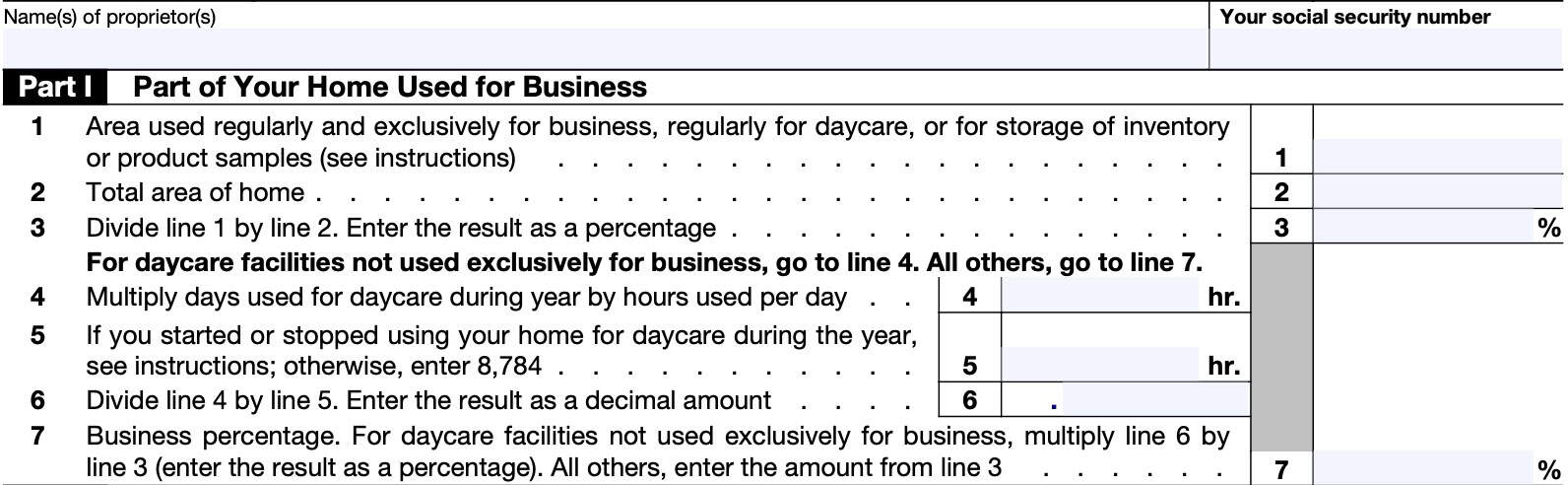irs form 8829, part i: part of your home used for business.

