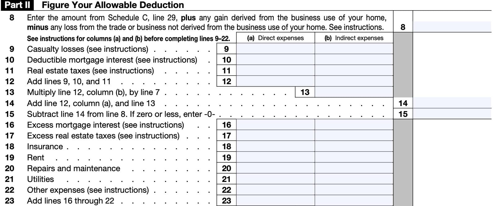 irs form 8829, part ii: figure your allowable deduction

