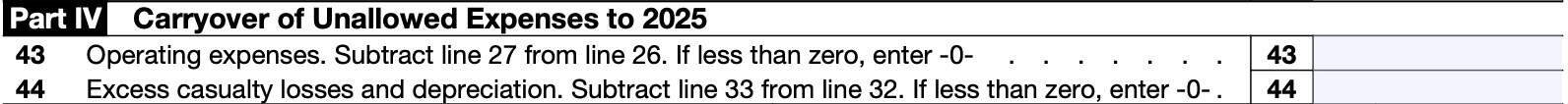 irs form 8829, part iv: unallowed expense carryover
