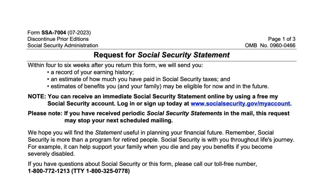 SSA Form 7004: Request for Social Security Statement