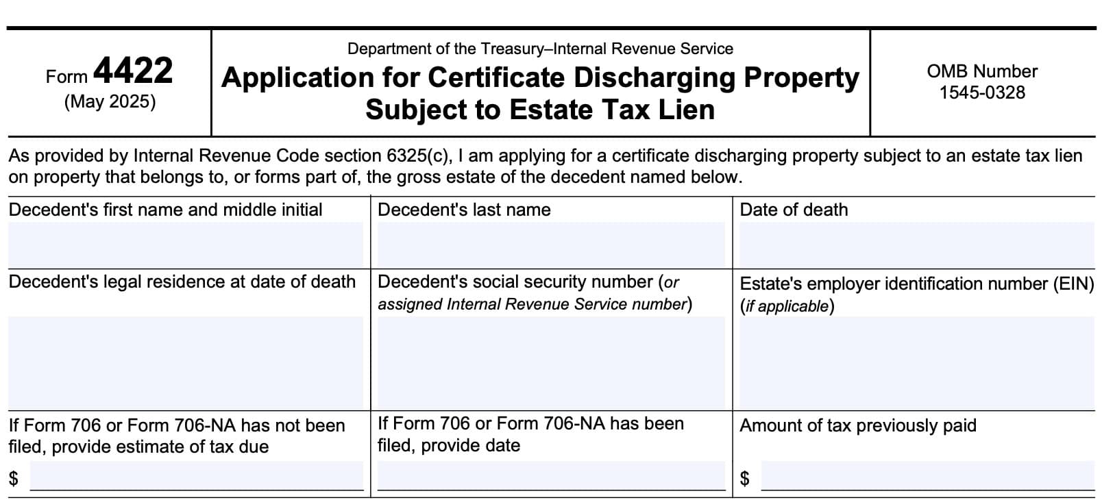 IRS Form 4422, application for certificate discharging property subject to estate tax lien