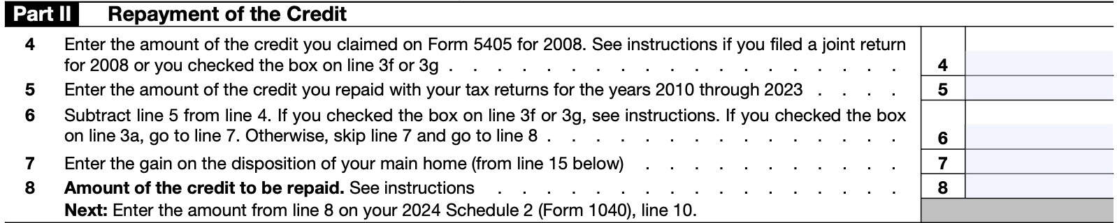 irs form 5405 part ii: repayment of the credit