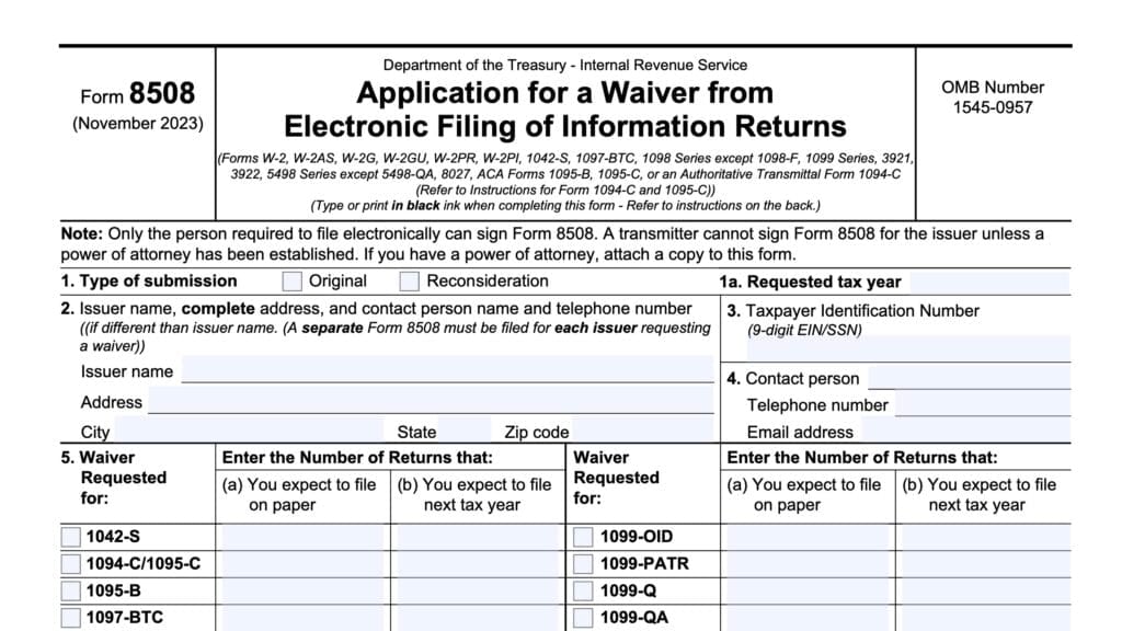 irs form 8508: application for a waiver from electronic filing of information returns