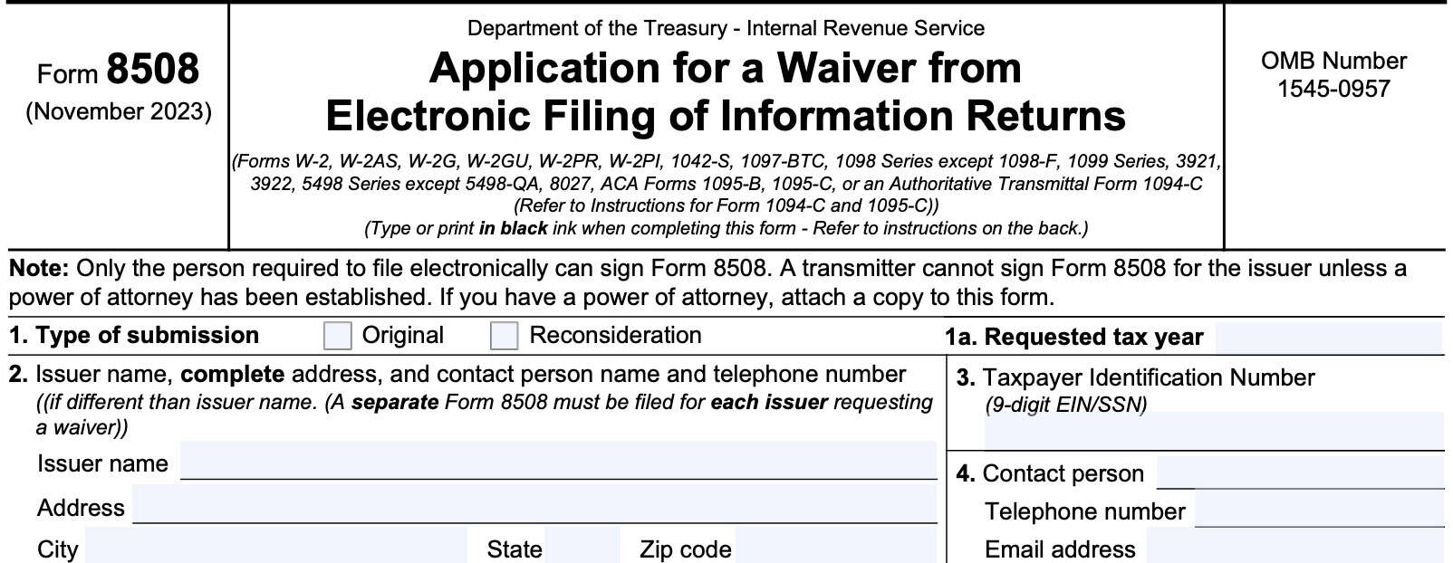 irs form 8508, application for a waiver from electronic filing of information returns, lines 1 through 4