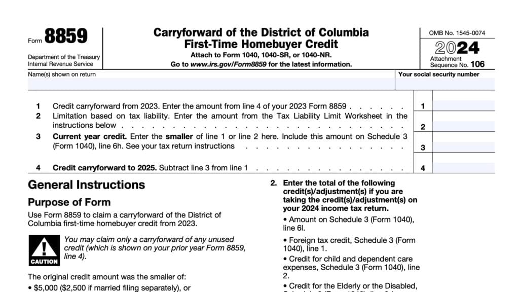irs form 8859, carryforward of the district of columbia first-time homebuyer credit