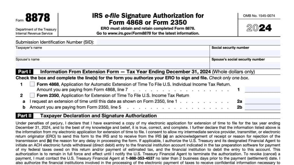 irs form 8878, IRS e-file signature authorization for Form 4868 or Form 2350