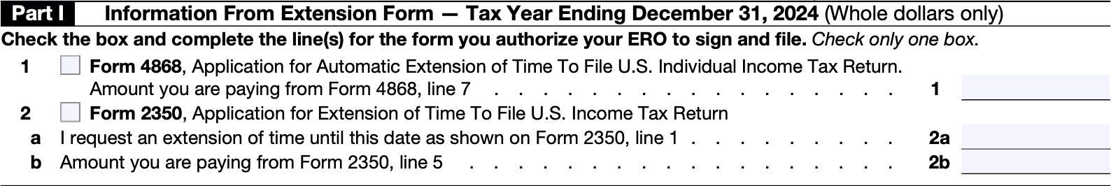 irs form 8878, part i: information from extension form