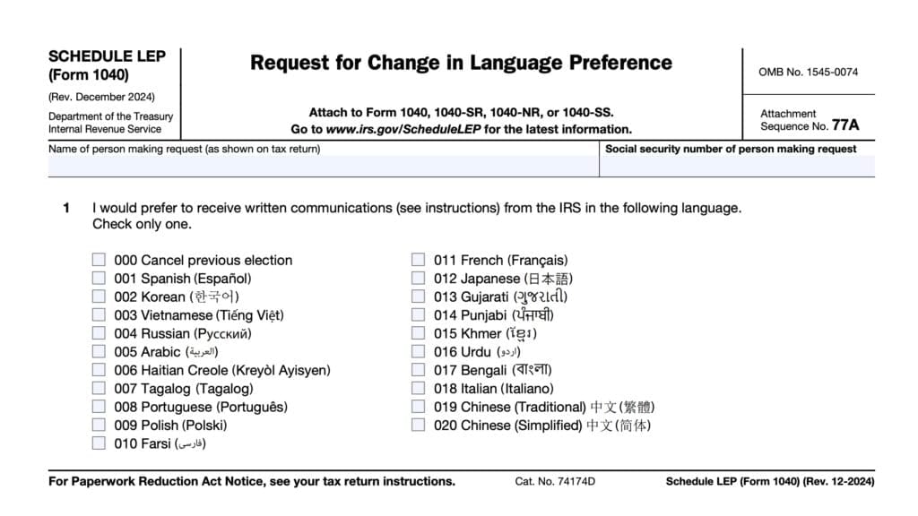 irs schedule lep, request for change in language preference