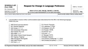 irs schedule lep, request for change in language preference