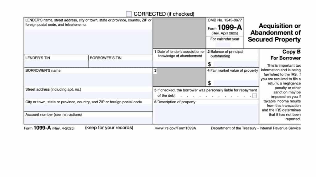 irs form 1099-a, acquisition or abandonment of secured property