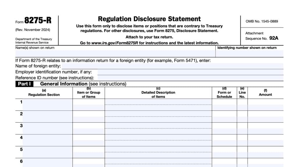 irs form 8275-r, regulatory disclosure statement
