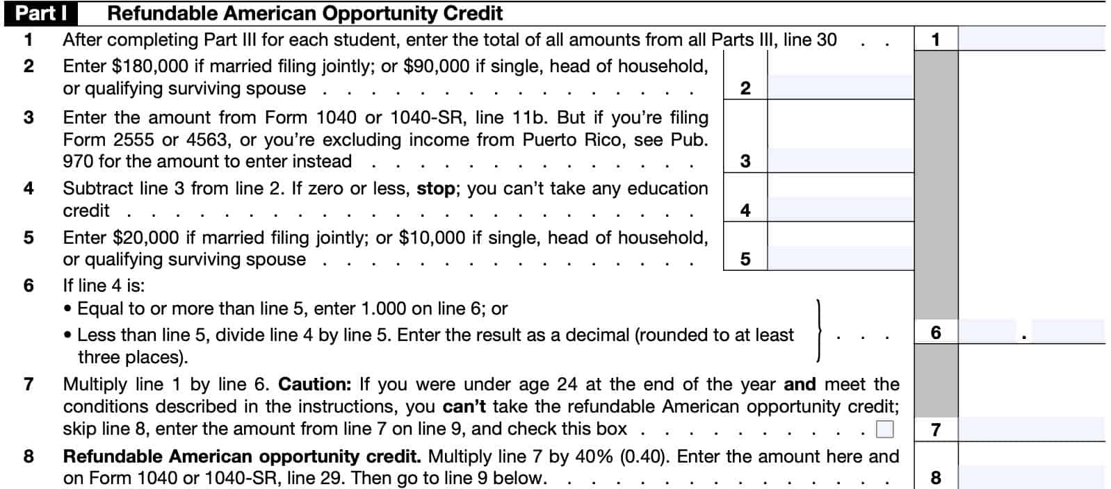 IRS Form 8863, part i: refundable american opportunity credit