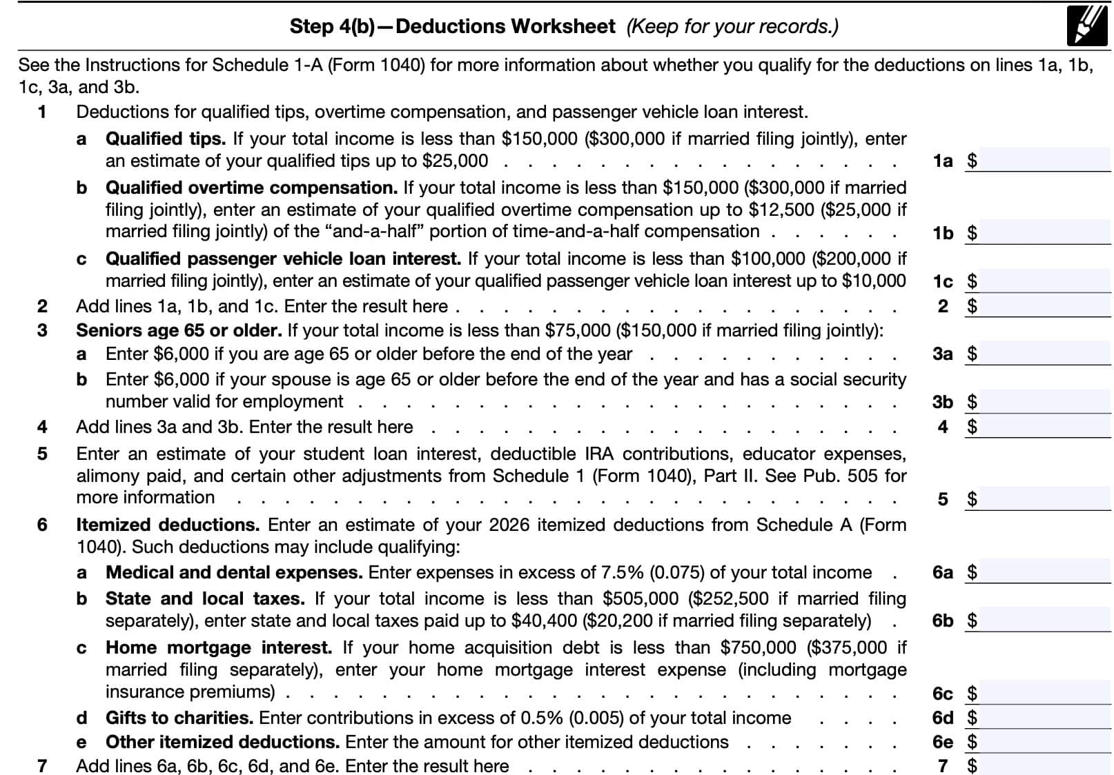 Step 4b worksheet (with additional deductions)