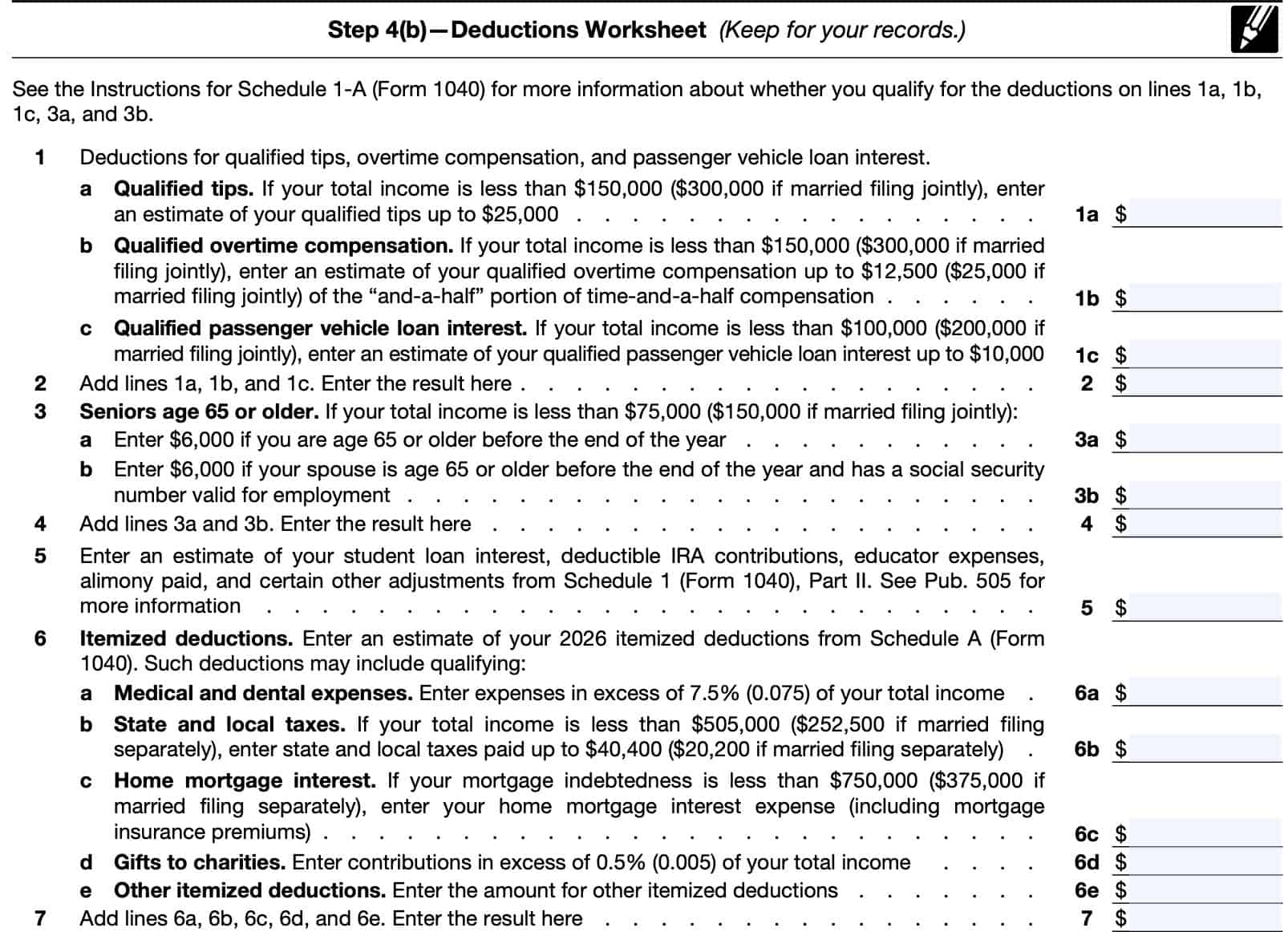 Step 4b worksheet (with additional deductions)