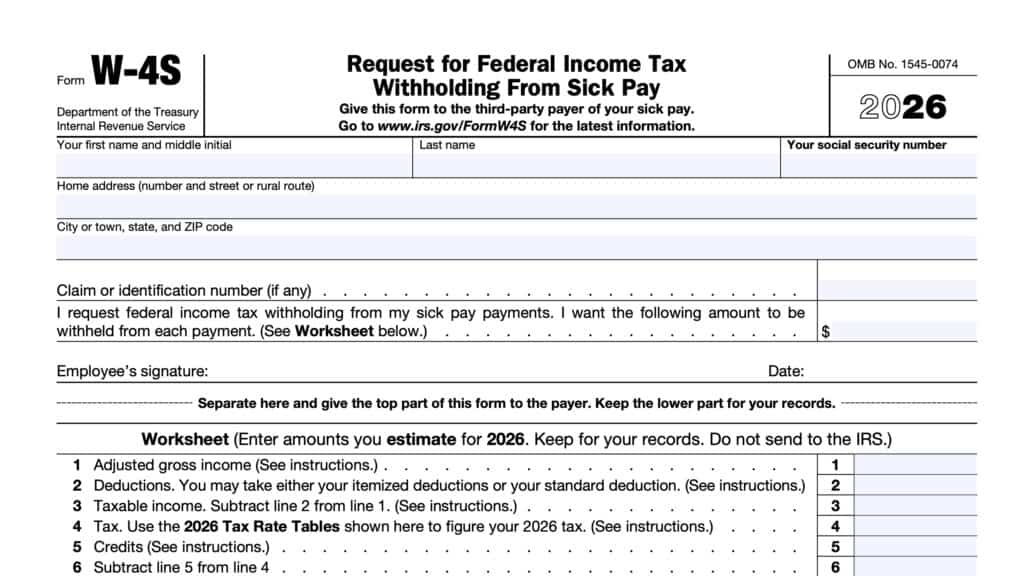 irs form w-4s, request for federal income tax withholding from sick pay