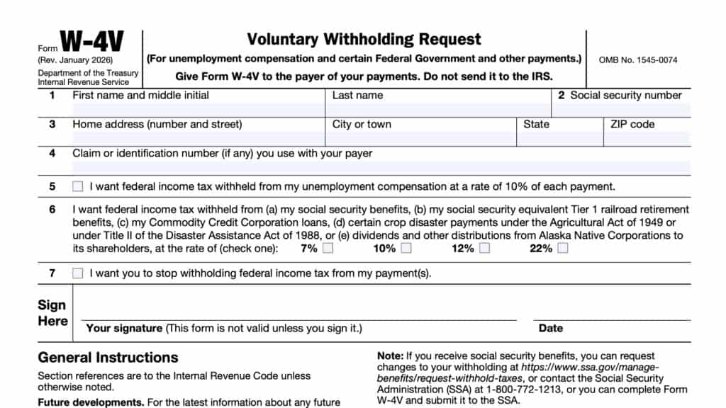 IRS Form W-4v, voluntary withholding request