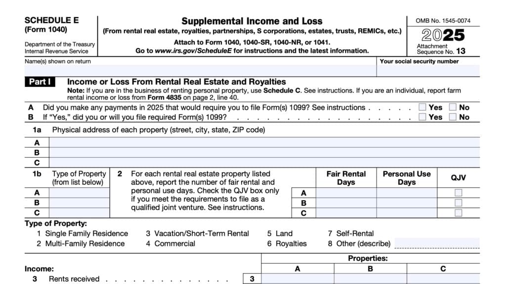 irs schedule e, supplemental income and loss