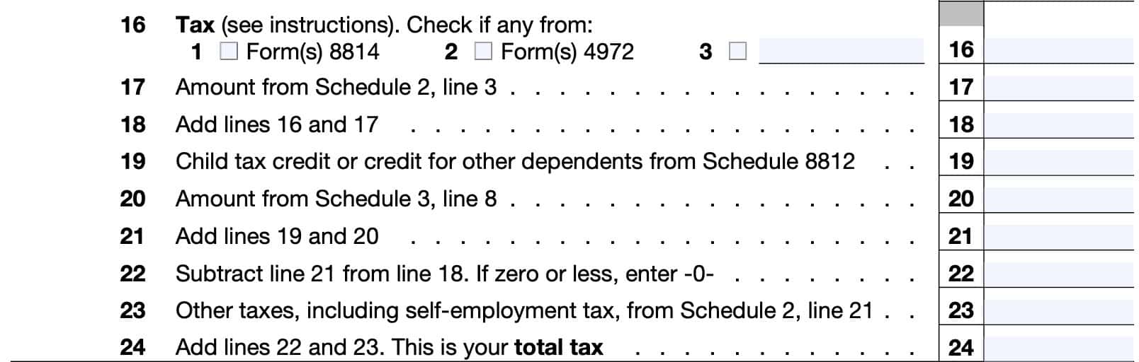 irs form 1040-sr, tax and credits, lines 16 through 24
