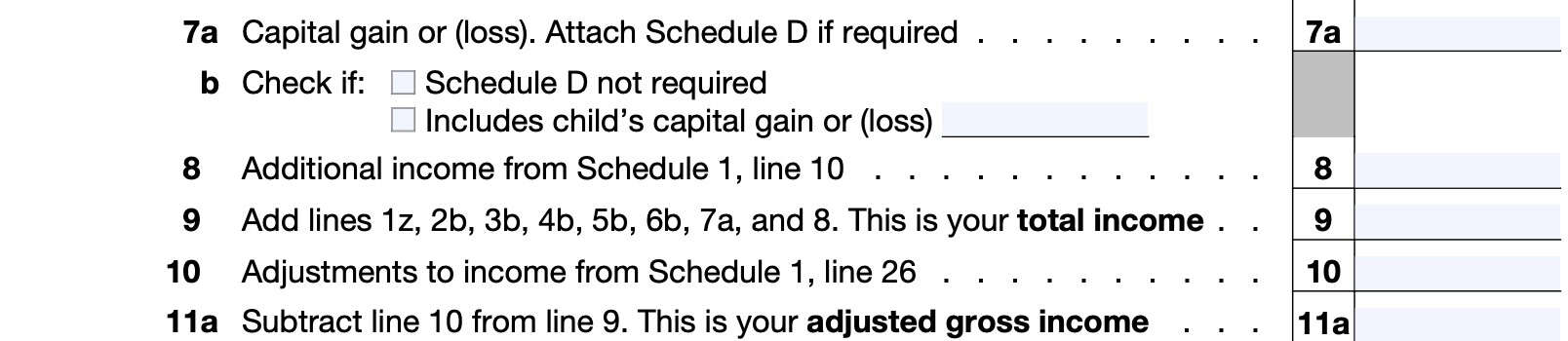 IRS Form 1040-SR, line 7a through line 11a