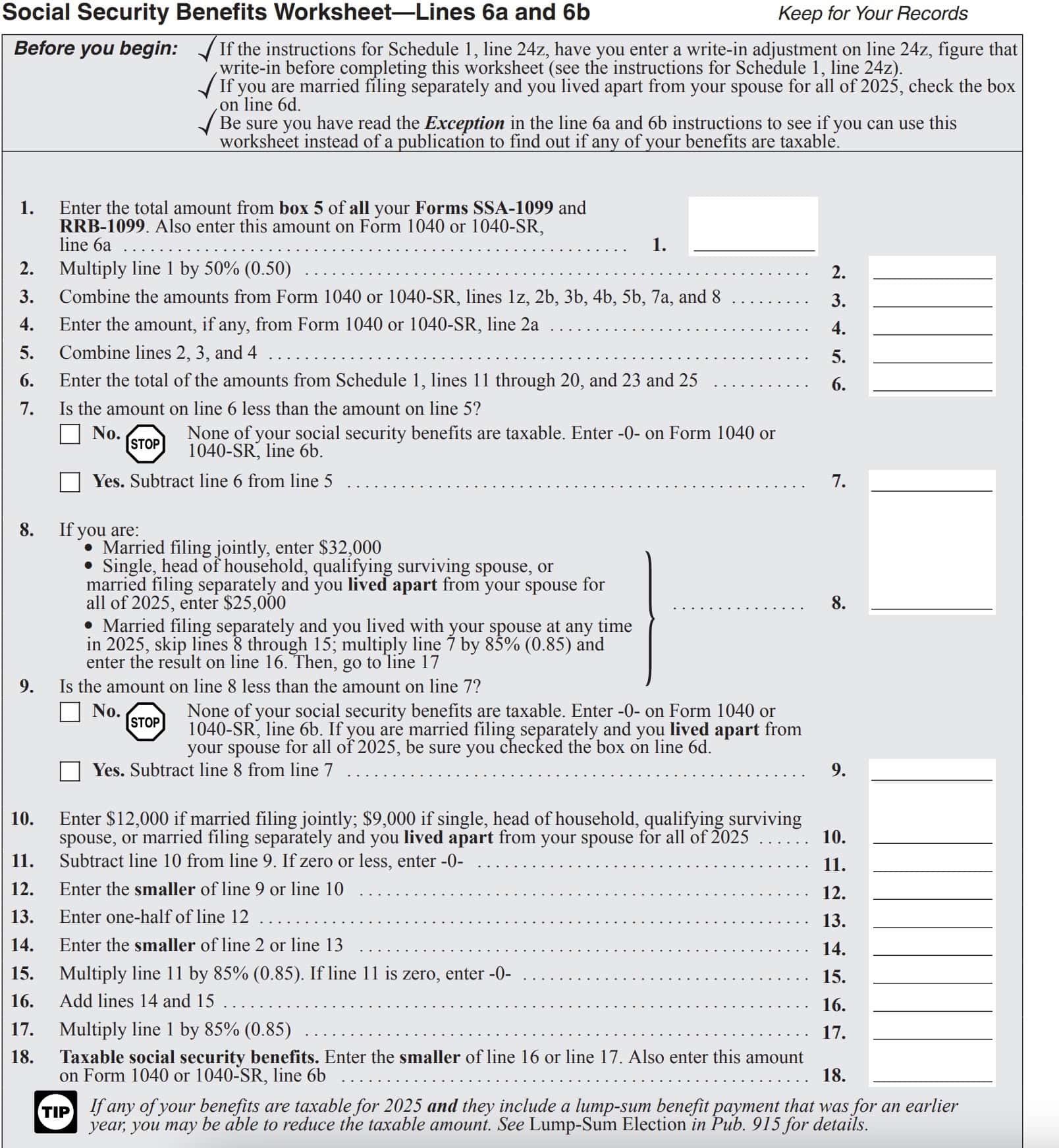 irs form 1040-sr social security benefits worksheet (for line 6b)
