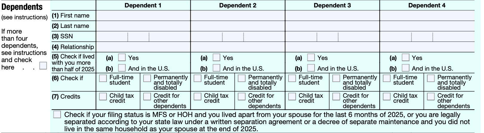 irs form 1040 dependent information