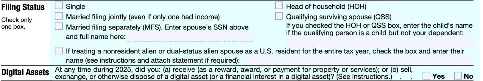 filing status and digital assets declaration