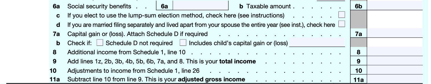 irs form 1040, lines 6a through 11a