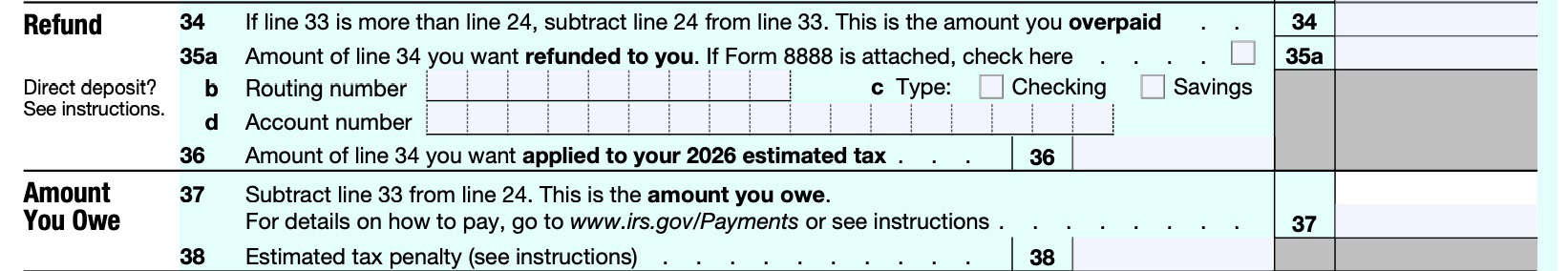 irs form 1040, refund/balance due