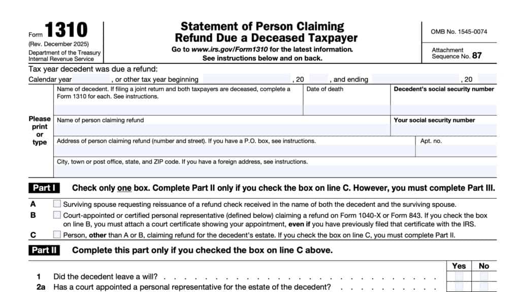 irs form 1310, Statement of Person Claiming Refund Due a Deceased Taxpayer