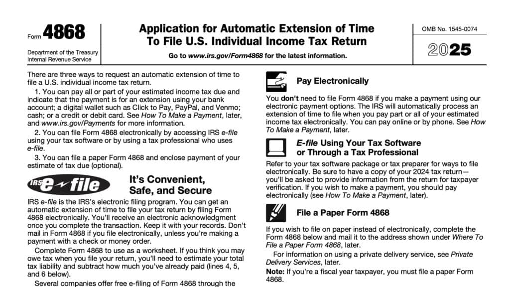 irs form 4868, application for automatic extension of time to file U.S. individual income tax return