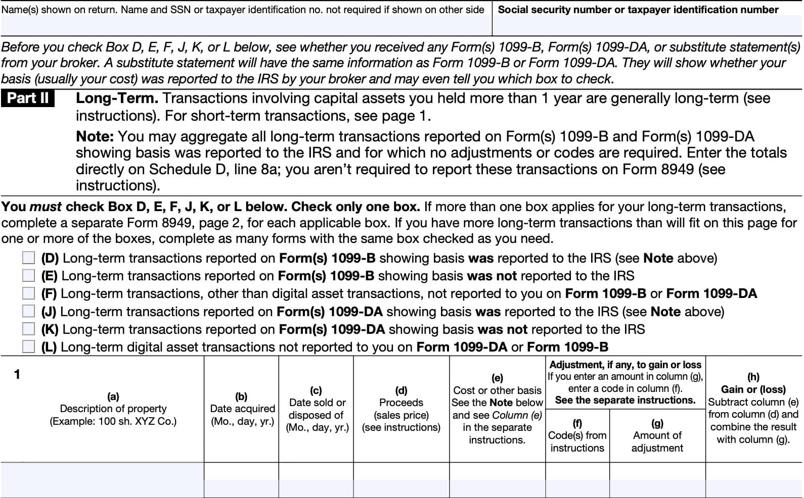 IRS form 8949, part II, long-term gains and losses
