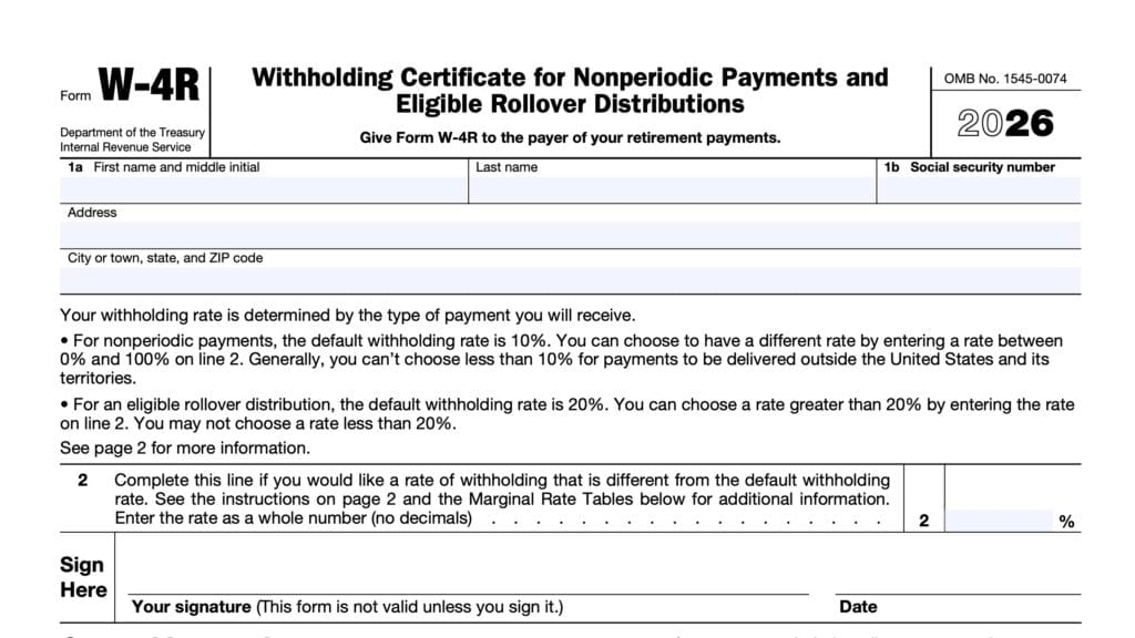 irs form w-4r, withholding certificate for nonperiodic payments and eligible rollover distributions