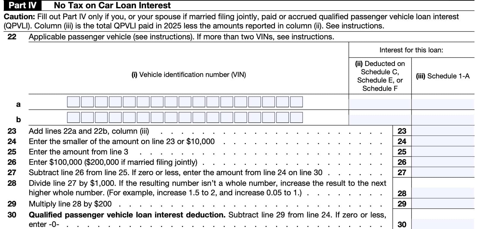 Part IV, no tax on car loan interest
