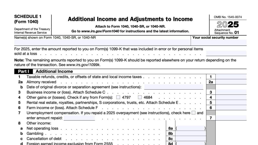 irs schedule 1, additional income and adjustments to income