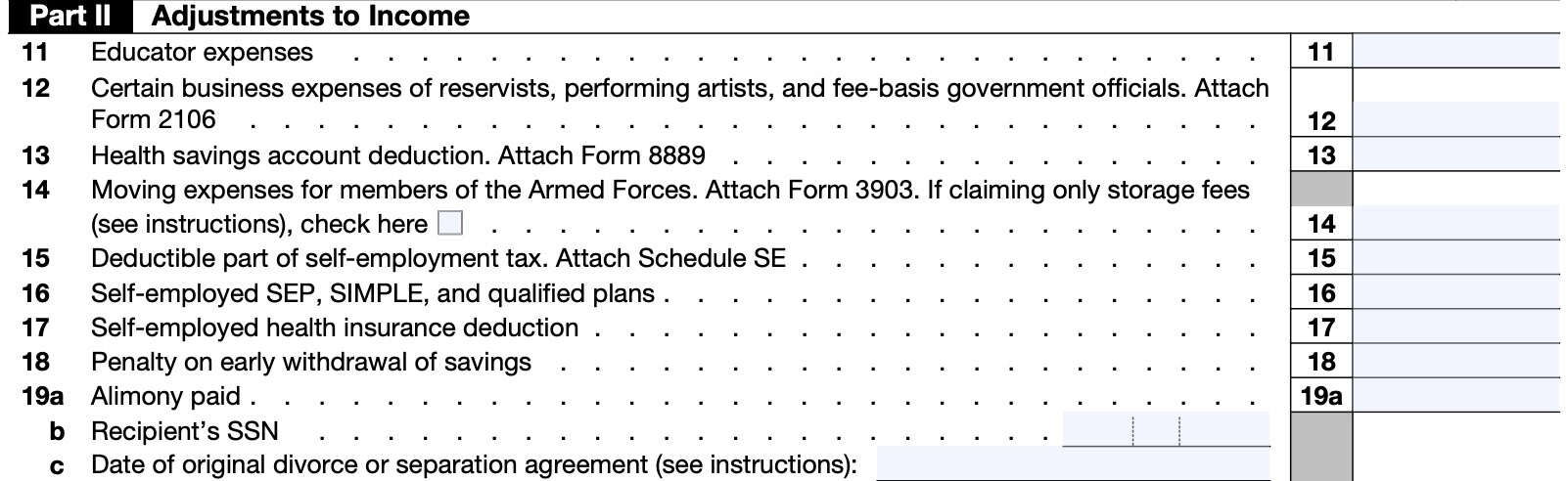 irs schedule 1, part ii: adjustments to income, lines 11 through 19