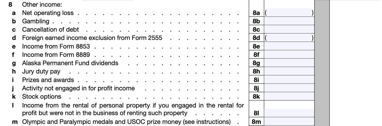 part i: additional income, lines 8a through 8m