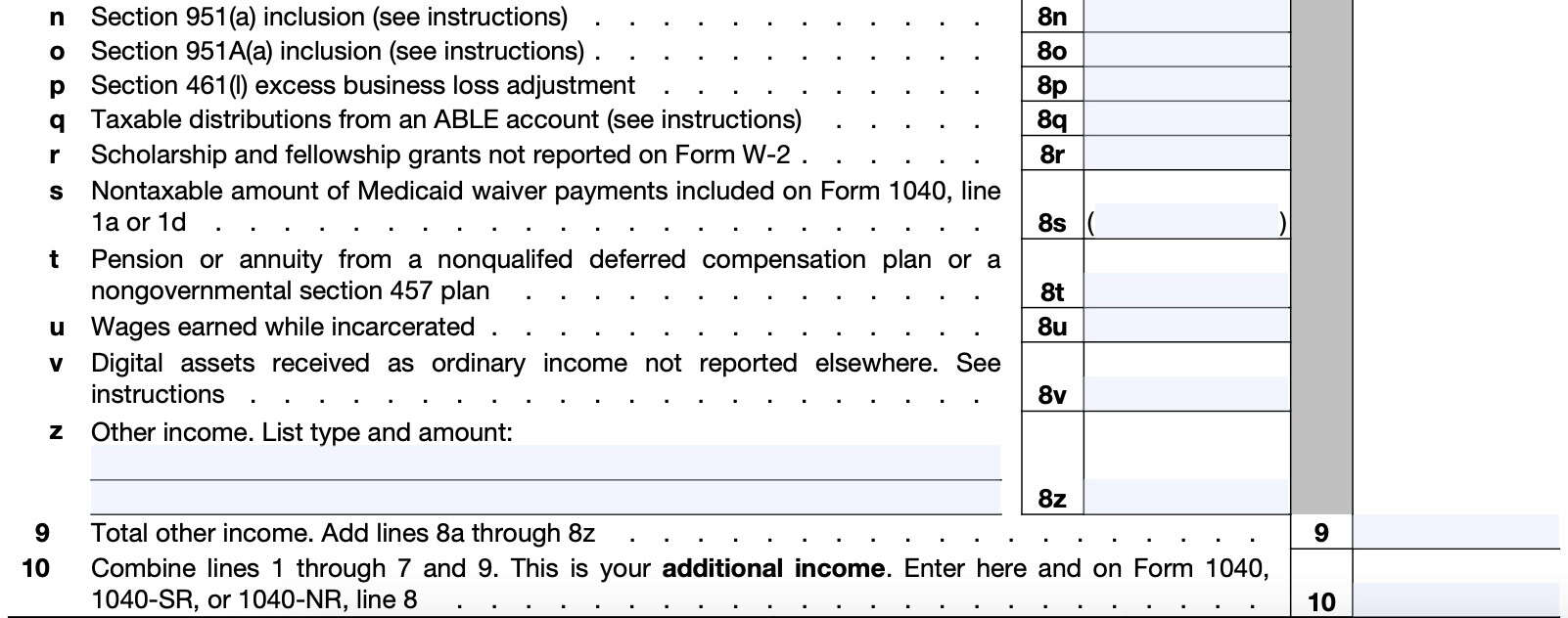 part i: additional income, lines 8n through 10